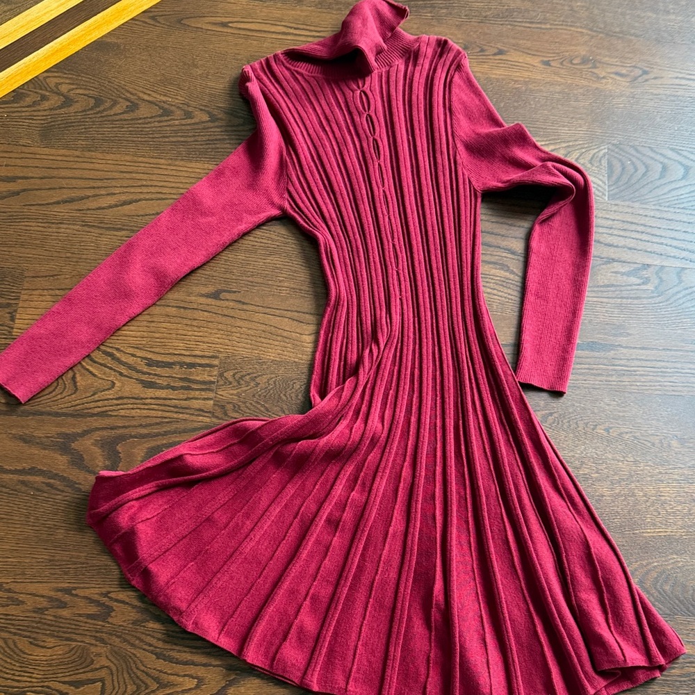Max Edition Ribbed Turtleneck Fit-and-Flare Dress in Berry Red